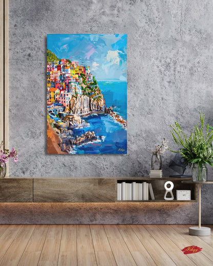 Cinque Terre Italy Canvas Wall Art, Manarola Coastal Village Framed Canvas Print, Colorful Italian Riviera Seascape Painting, Living Room Decor