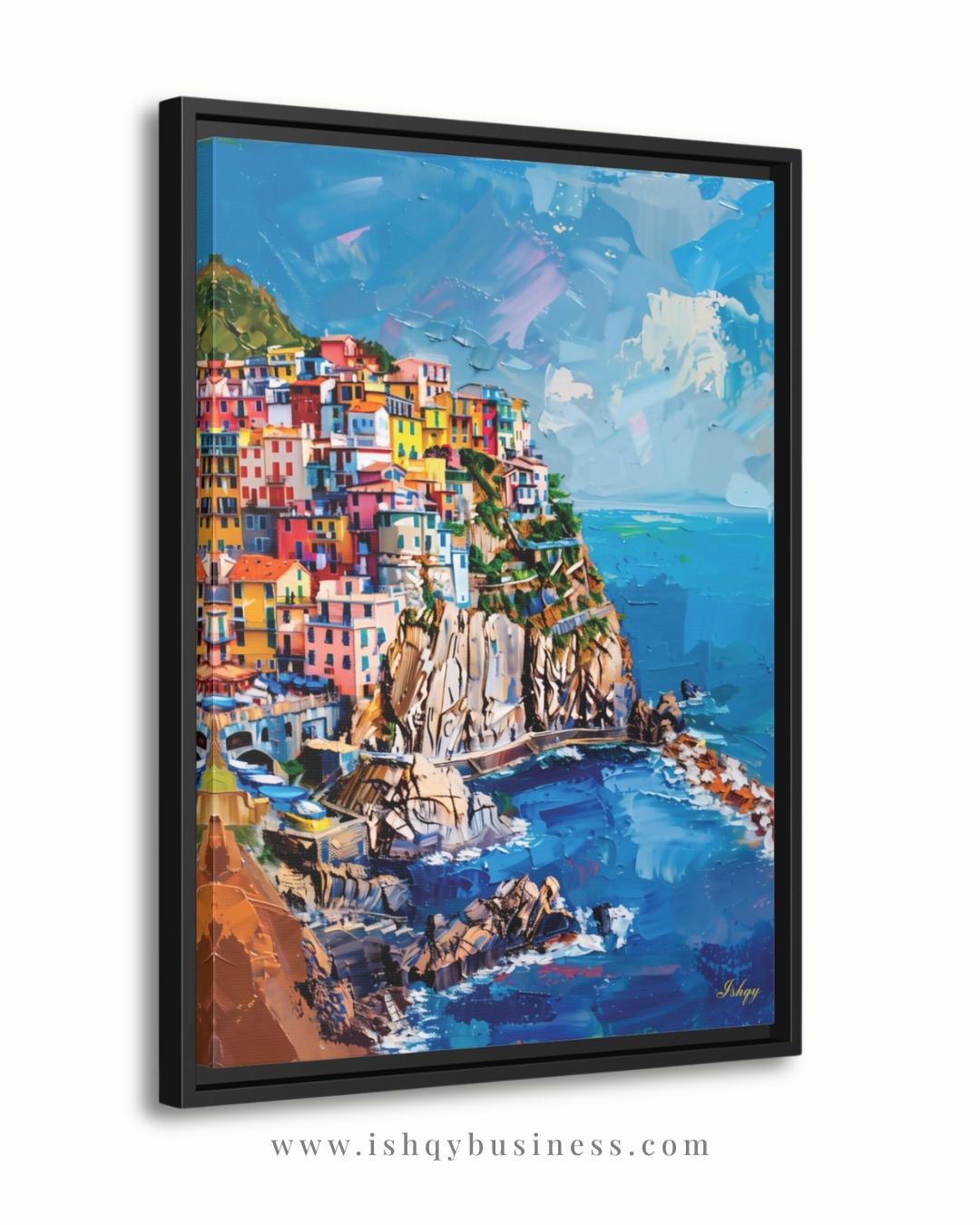 Cinque Terre Italy Canvas Wall Art, Manarola Coastal Village Framed Canvas Print, Colorful Italian Riviera Seascape Painting, Living Room Decor