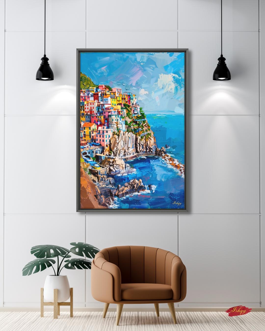 Cinque Terre Italy Canvas Wall Art, Manarola Coastal Village Framed Canvas Print, Colorful Italian Riviera Seascape Painting, Living Room Decor