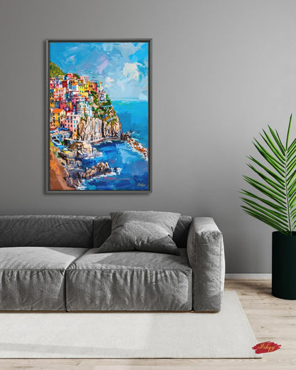 Cinque Terre Italy Canvas Wall Art, Manarola Coastal Village Framed Canvas Print, Colorful Italian Riviera Seascape Painting, Living Room Decor