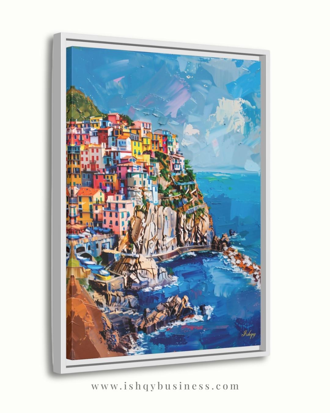 Cinque Terre Italy Canvas Wall Art, Manarola Coastal Village Framed Canvas Print, Colorful Italian Riviera Seascape Painting, Living Room Decor