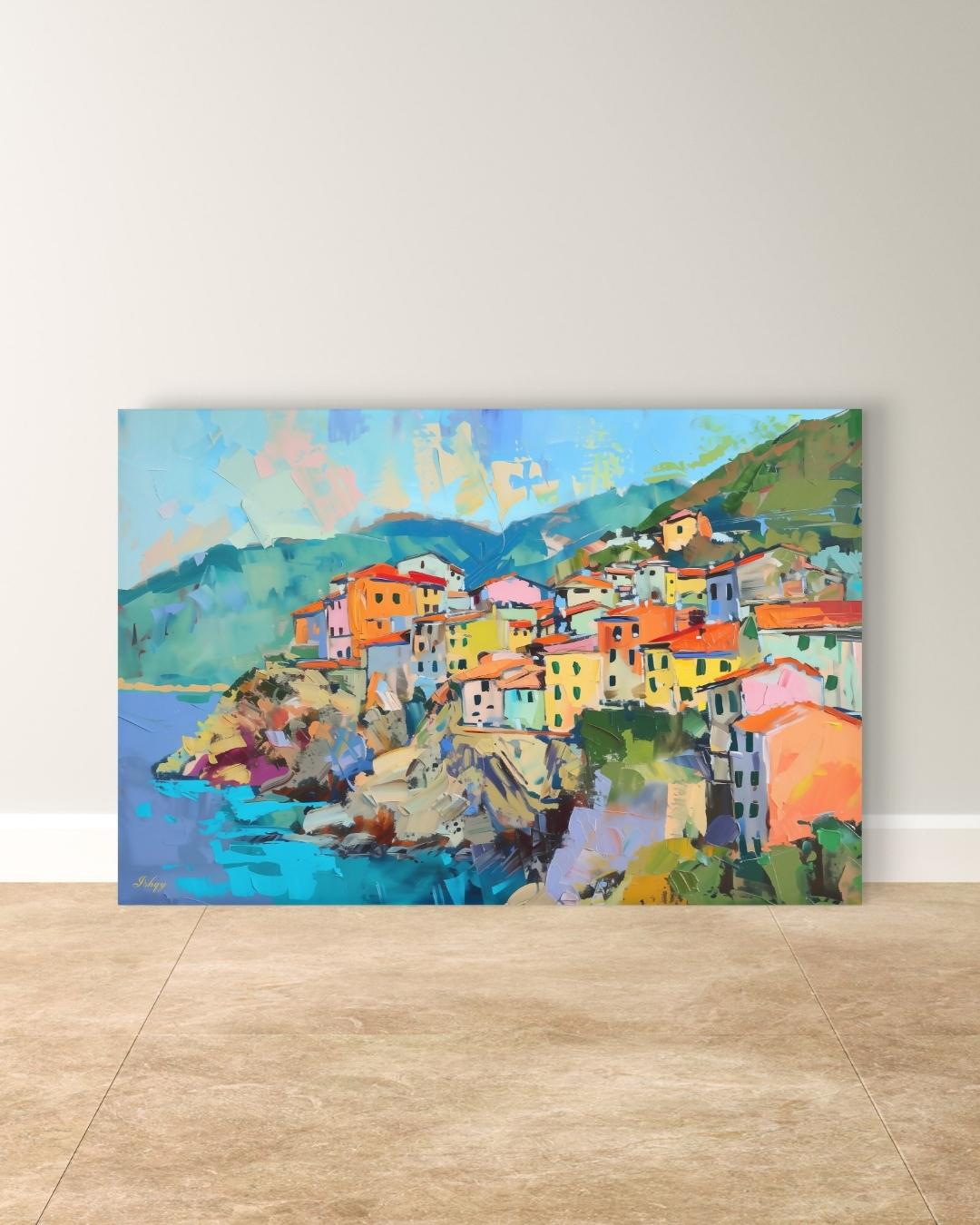 Cinque Terre Italy Painting, Colorful Coastal Village Wall Art, Mediterranean Seaside Canvas for Living Room, Kitchen, or Travel Home Decor
