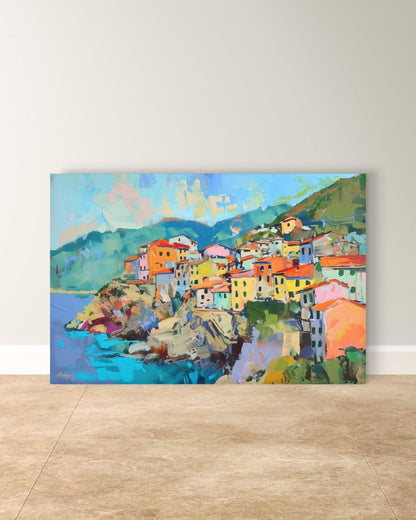 Cinque Terre Italy Painting, Colorful Coastal Village Wall Art, Mediterranean Seaside Canvas for Living Room, Kitchen, or Travel Home Decor