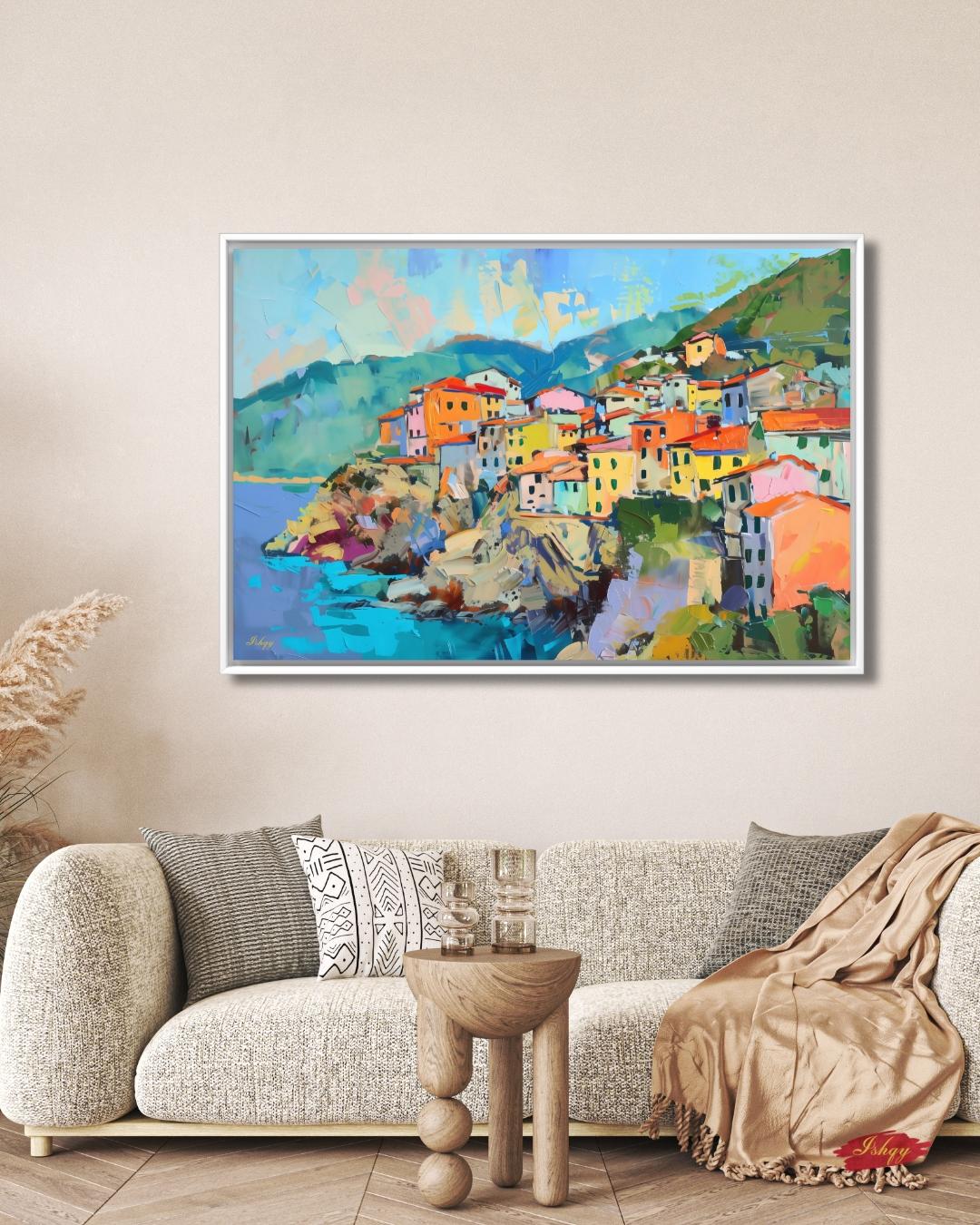 Cinque Terre Italy Painting, Colorful Coastal Village Wall Art, Mediterranean Seaside Canvas for Living Room, Kitchen, or Travel Home Decor