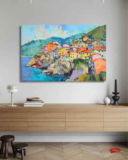 Cinque Terre Italy Painting, Colorful Coastal Village Wall Art, Mediterranean Seaside Canvas for Living Room, Kitchen, or Travel Home Decor