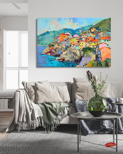 Cinque Terre Italy Painting, Colorful Coastal Village Wall Art, Mediterranean Seaside Canvas for Living Room, Kitchen, or Travel Home Decor