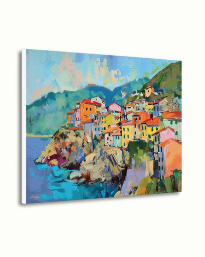 Cinque Terre Italy Painting, Colorful Coastal Village Wall Art, Mediterranean Seaside Canvas for Living Room, Kitchen, or Travel Home Decor
