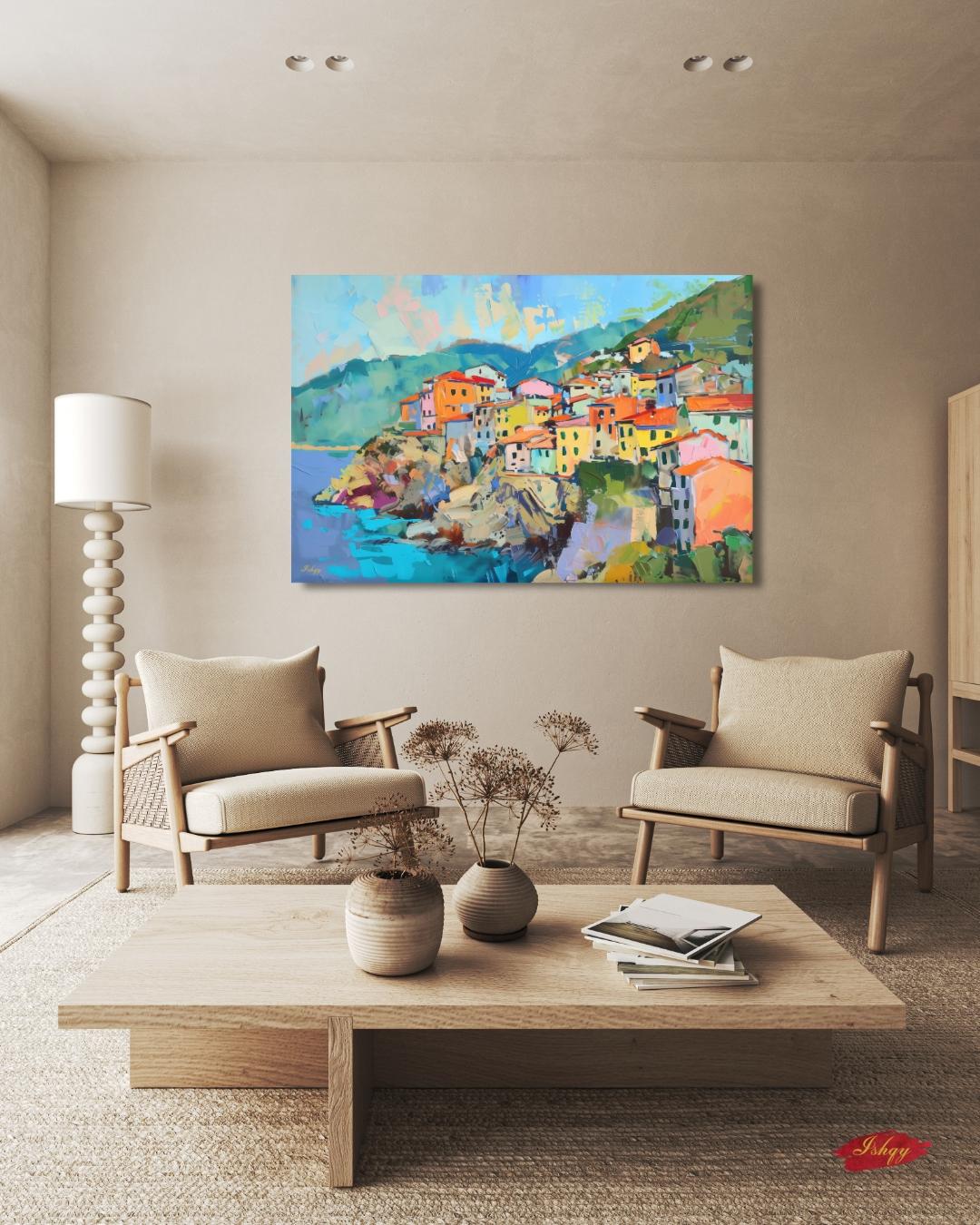 Cinque Terre Italy Painting, Colorful Coastal Village Wall Art, Mediterranean Seaside Canvas for Living Room, Kitchen, or Travel Home Decor