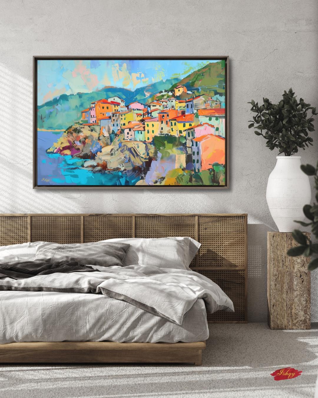 Cinque Terre Italy Painting, Colorful Coastal Village Wall Art, Mediterranean Seaside Canvas for Living Room, Kitchen, or Travel Home Decor