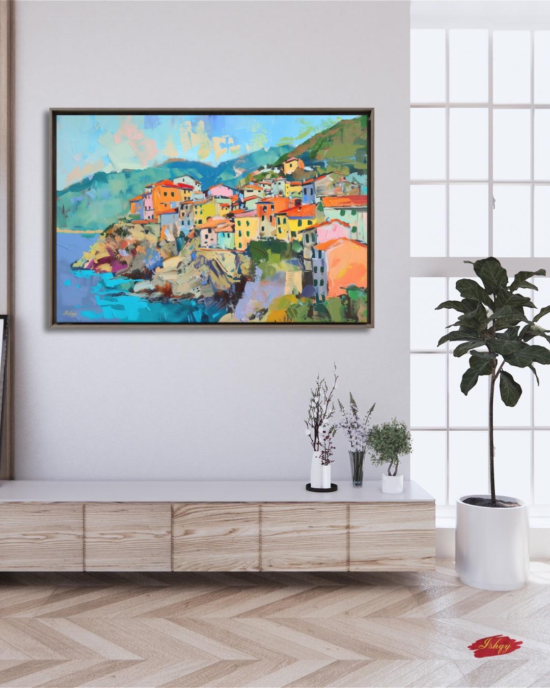 Cinque Terre Italy Painting, Colorful Coastal Village Wall Art, Mediterranean Seaside Canvas for Living Room, Kitchen, or Travel Home Decor