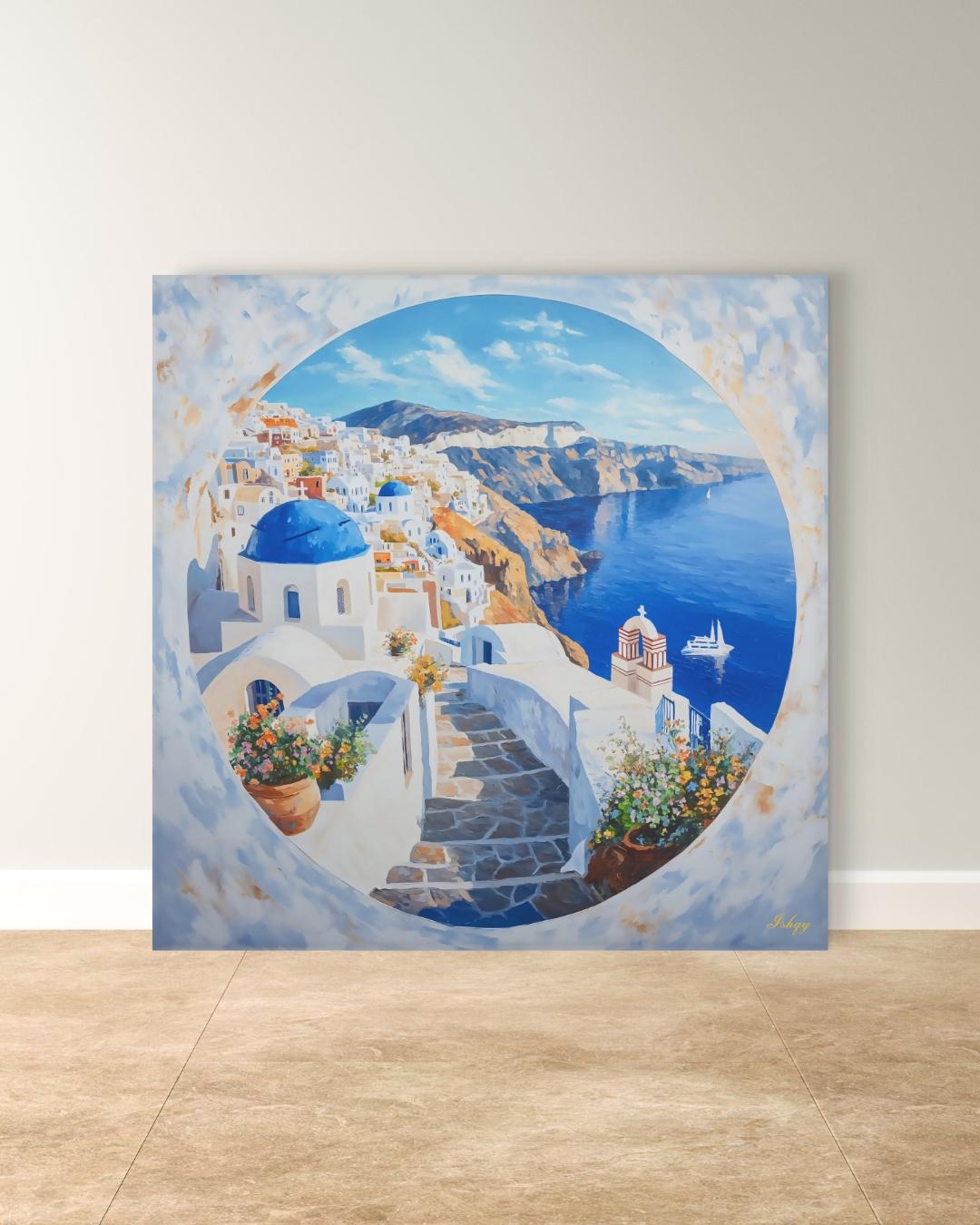 Santorini Wall Art Print Greece Coastal Canvas | Blue Dome Painting Travel Home Decor | Greek Island Art Seaside Landscape Boho Wall Decor