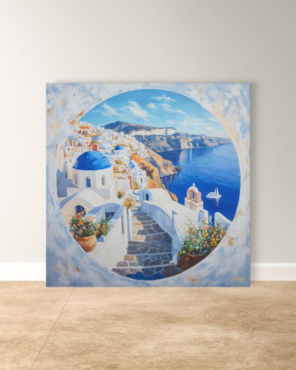Santorini Wall Art Print Greece Coastal Canvas | Blue Dome Painting Travel Home Decor | Greek Island Art Seaside Landscape Boho Wall Decor