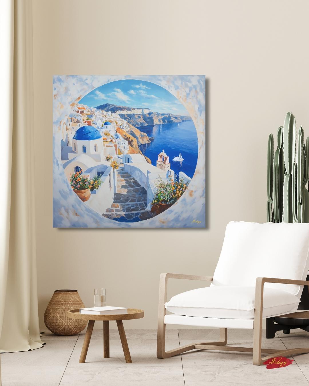 Santorini Wall Art Print Greece Coastal Canvas | Blue Dome Painting Travel Home Decor | Greek Island Art Seaside Landscape Boho Wall Decor