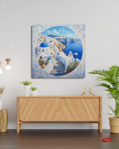 Santorini Wall Art Print Greece Coastal Canvas | Blue Dome Painting Travel Home Decor | Greek Island Art Seaside Landscape Boho Wall Decor