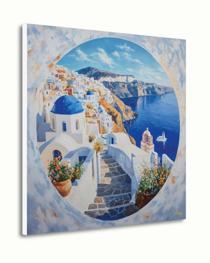 Santorini Wall Art Print Greece Coastal Canvas | Blue Dome Painting Travel Home Decor | Greek Island Art Seaside Landscape Boho Wall Decor