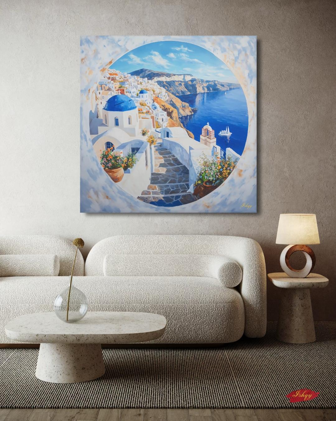 Santorini Wall Art Print Greece Coastal Canvas | Blue Dome Painting Travel Home Decor | Greek Island Art Seaside Landscape Boho Wall Decor