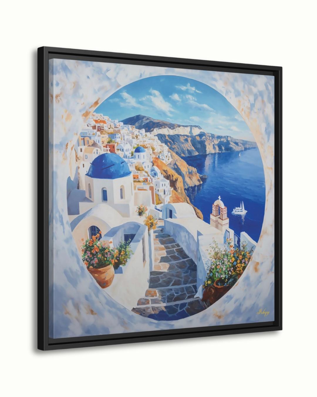 Santorini Wall Art Print Greece Coastal Canvas | Blue Dome Painting Travel Home Decor | Greek Island Art Seaside Landscape Boho Wall Decor