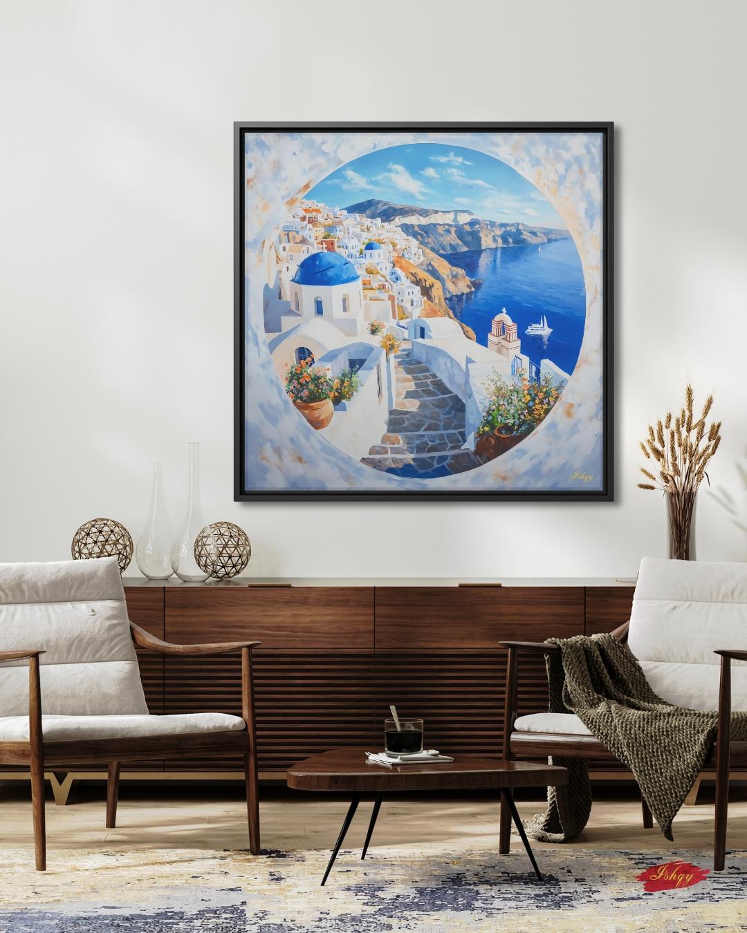 Santorini Wall Art Print Greece Coastal Canvas | Blue Dome Painting Travel Home Decor | Greek Island Art Seaside Landscape Boho Wall Decor