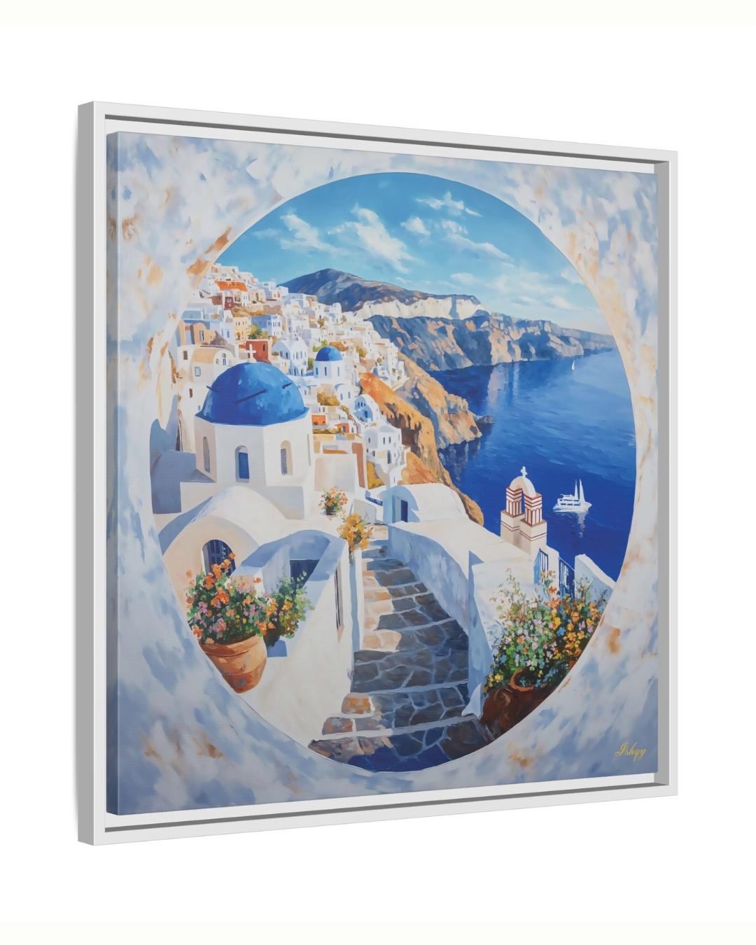Santorini Wall Art Print Greece Coastal Canvas | Blue Dome Painting Travel Home Decor | Greek Island Art Seaside Landscape Boho Wall Decor