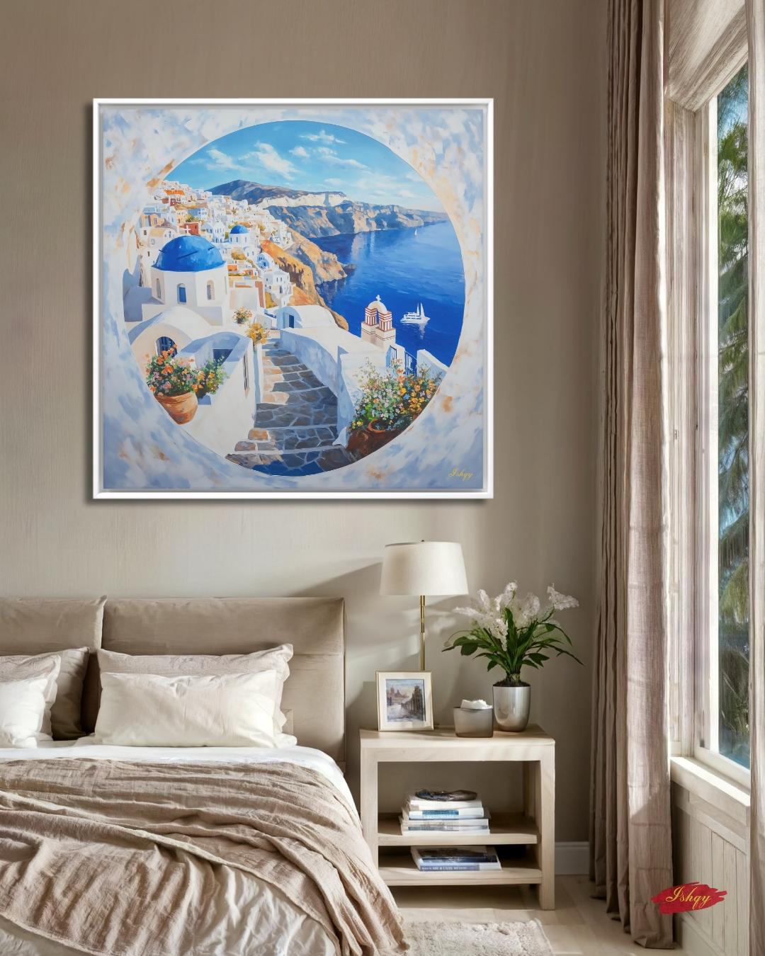 Santorini Wall Art Print Greece Coastal Canvas | Blue Dome Painting Travel Home Decor | Greek Island Art Seaside Landscape Boho Wall Decor