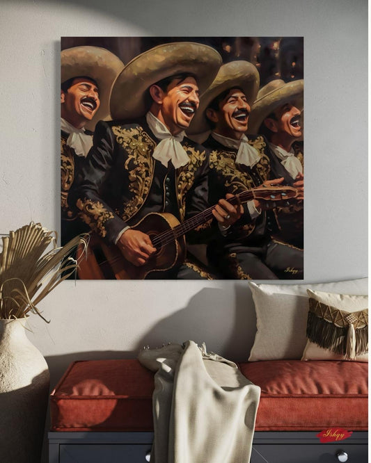 Mariachi Band Canvas Wall Art, Mexican Music Decor, Guitar Painting, Fiesta Home Decor, Latin Art Print, Framed Canvas, Vintage Mexico Print