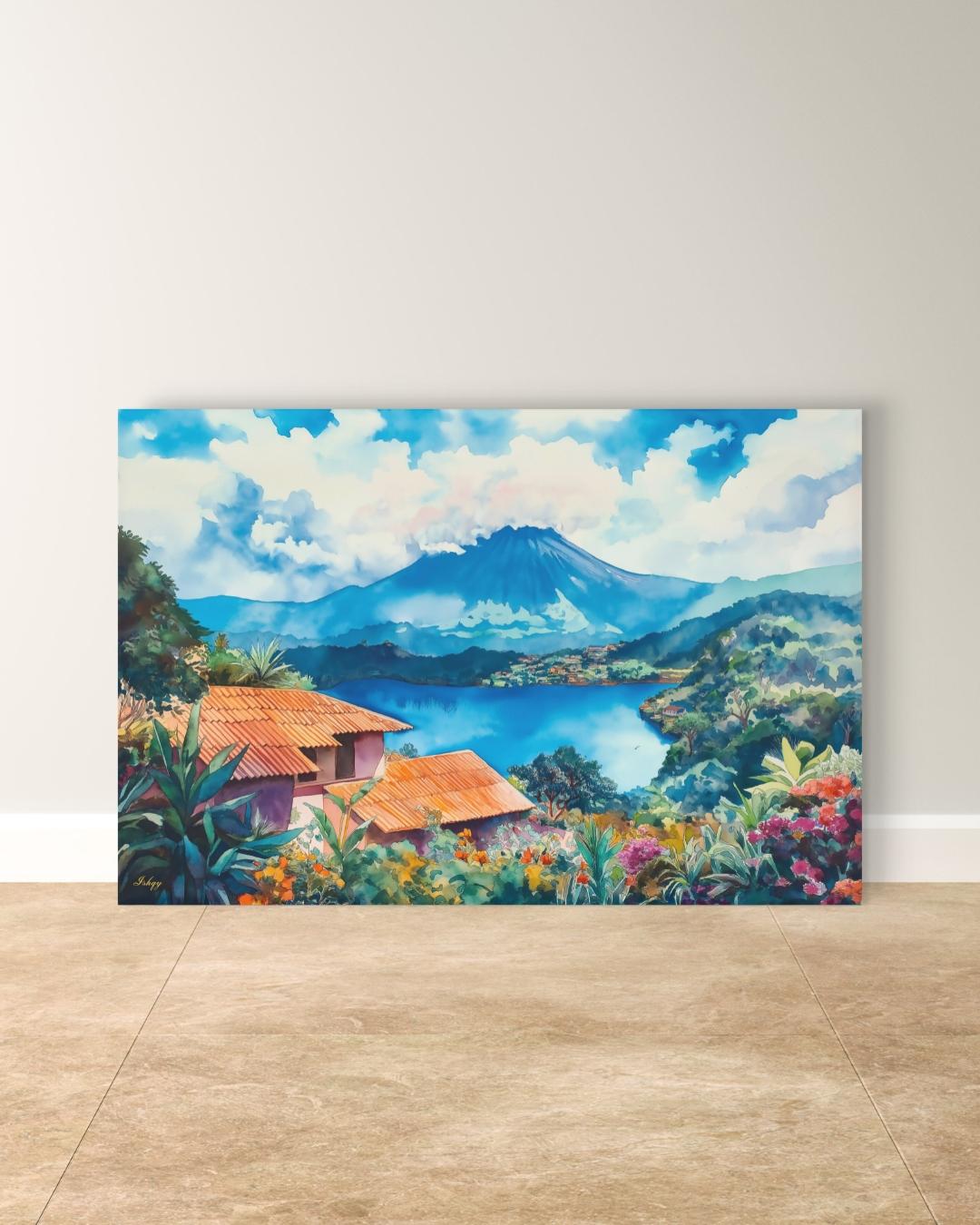 Coatepeque Lake Wall Art, El Salvador Landscape Painting, Colorful Lake Canvas, Travel Decor, Nature Artwork, Large Statement Wall Art