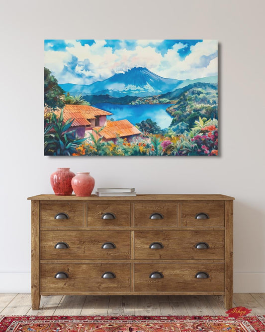 Coatepeque Lake Wall Art, El Salvador Landscape Painting, Colorful Lake Canvas, Travel Decor, Nature Artwork, Large Statement Wall Art