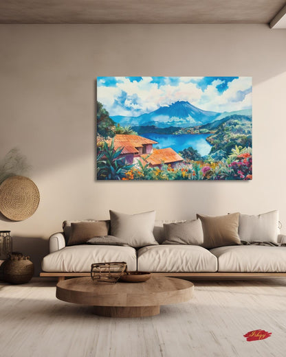 Coatepeque Lake Wall Art, El Salvador Landscape Painting, Colorful Lake Canvas, Travel Decor, Nature Artwork, Large Statement Wall Art
