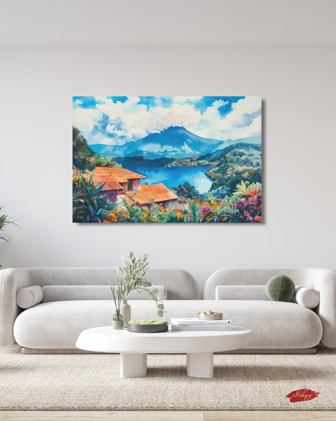 Coatepeque Lake Wall Art, El Salvador Landscape Painting, Colorful Lake Canvas, Travel Decor, Nature Artwork, Large Statement Wall Art