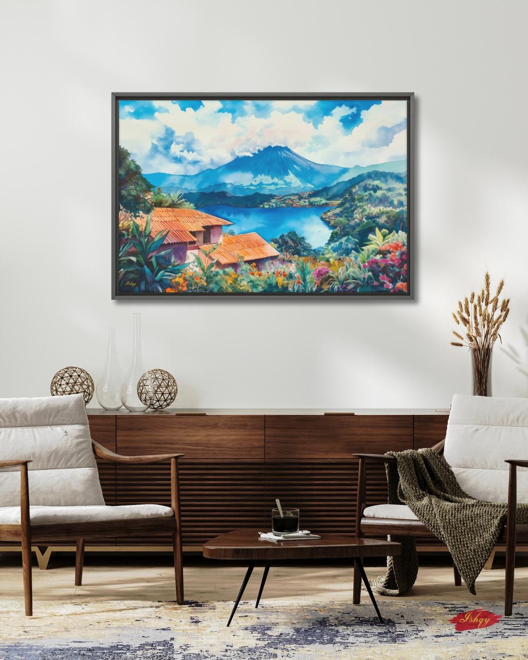 Coatepeque Lake Wall Art, El Salvador Landscape Painting, Colorful Lake Canvas, Travel Decor, Nature Artwork, Large Statement Wall Art