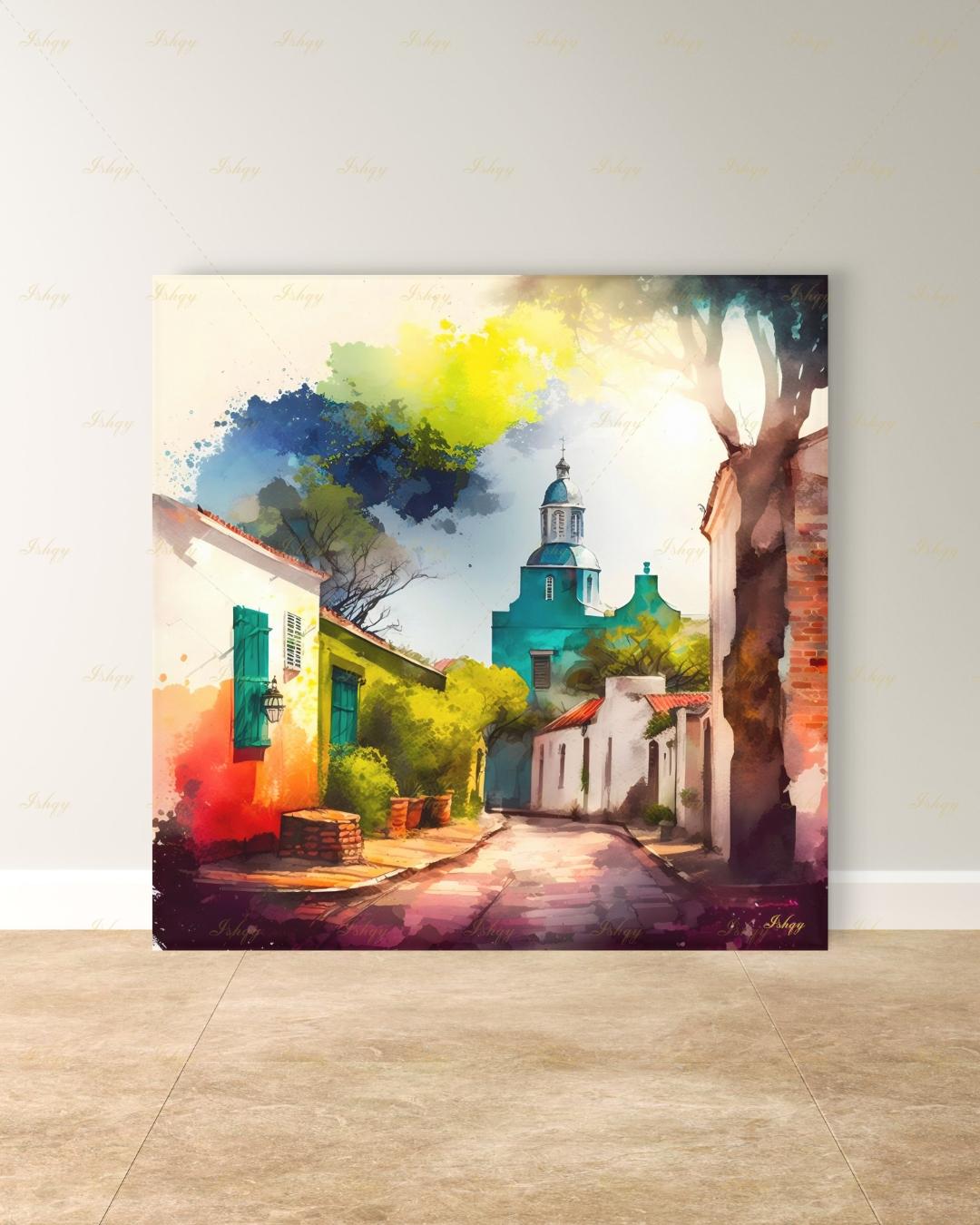 Colonia del Sacramento Wall Art, Uruguay Colorful Watercolor Canvas Print, Latin America Colonial Street Decor, Boho Framed Canvas Gift
