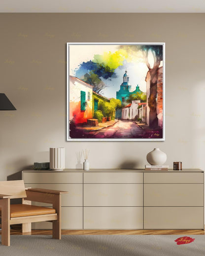 Colonia del Sacramento Wall Art, Uruguay Colorful Watercolor Canvas Print, Latin America Colonial Street Decor, Boho Framed Canvas Gift