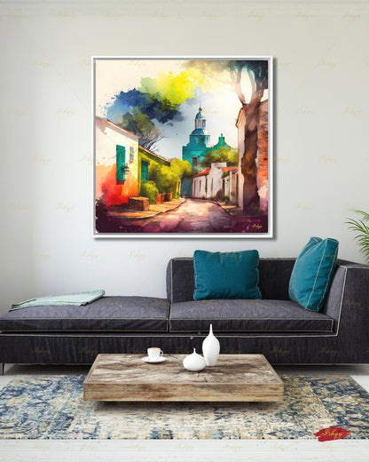 Colonia del Sacramento Wall Art, Uruguay Colorful Watercolor Canvas Print, Latin America Colonial Street Decor, Boho Framed Canvas Gift
