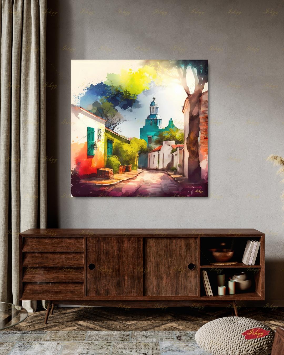 Colonia del Sacramento Wall Art, Uruguay Colorful Watercolor Canvas Print, Latin America Colonial Street Decor, Boho Framed Canvas Gift
