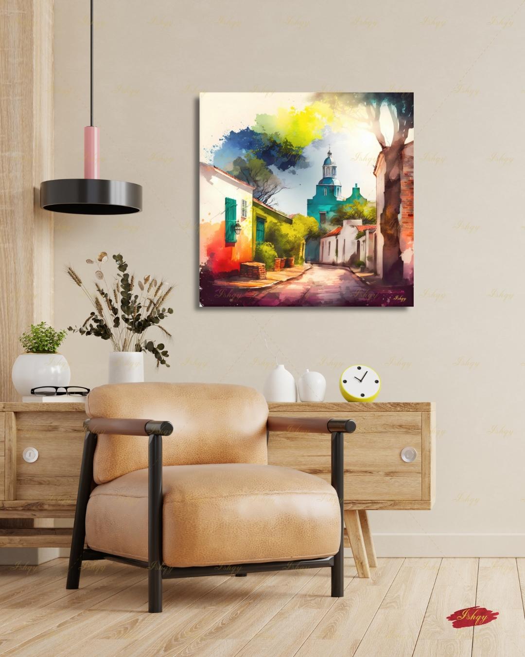 Colonia del Sacramento Wall Art, Uruguay Colorful Watercolor Canvas Print, Latin America Colonial Street Decor, Boho Framed Canvas Gift
