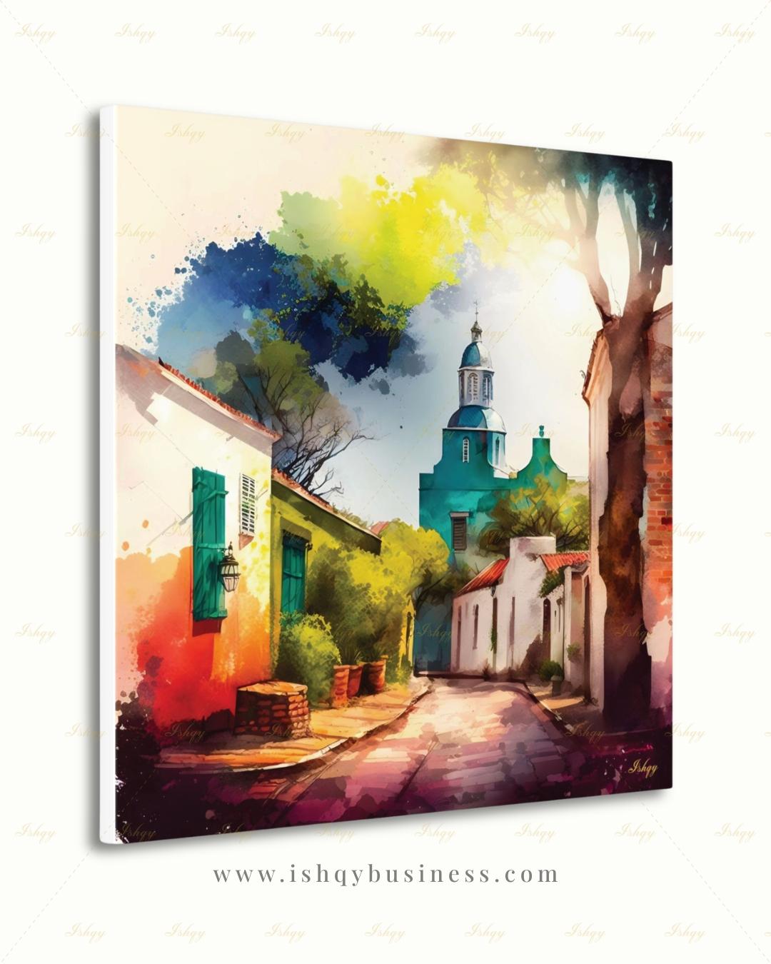 Colonia del Sacramento Wall Art, Uruguay Colorful Watercolor Canvas Print, Latin America Colonial Street Decor, Boho Framed Canvas Gift
