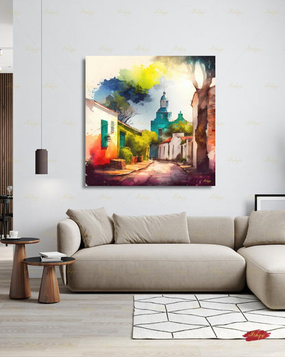 Colonia del Sacramento Wall Art, Uruguay Colorful Watercolor Canvas Print, Latin America Colonial Street Decor, Boho Framed Canvas Gift