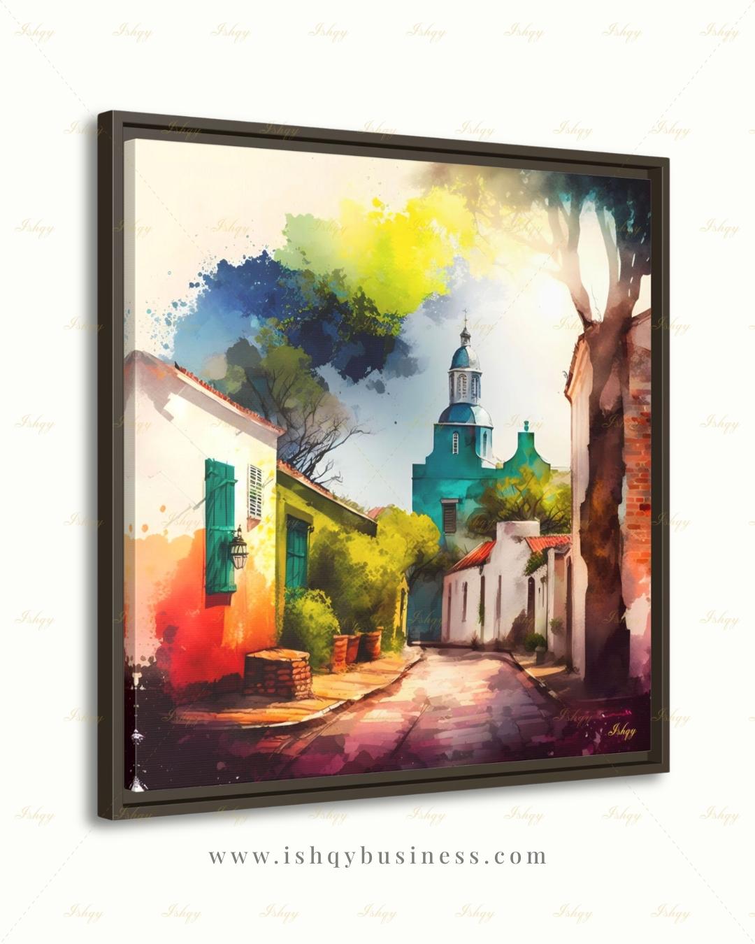 Colonia del Sacramento Wall Art, Uruguay Colorful Watercolor Canvas Print, Latin America Colonial Street Decor, Boho Framed Canvas Gift