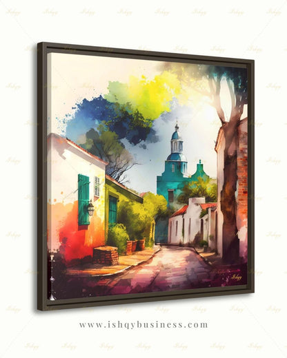 Colonia del Sacramento Wall Art, Uruguay Colorful Watercolor Canvas Print, Latin America Colonial Street Decor, Boho Framed Canvas Gift