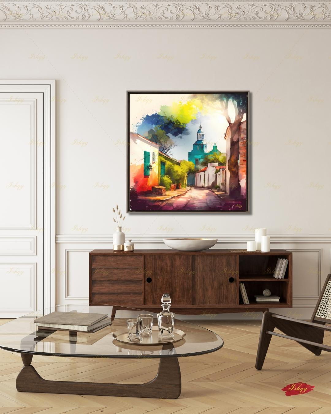 Colonia del Sacramento Wall Art, Uruguay Colorful Watercolor Canvas Print, Latin America Colonial Street Decor, Boho Framed Canvas Gift