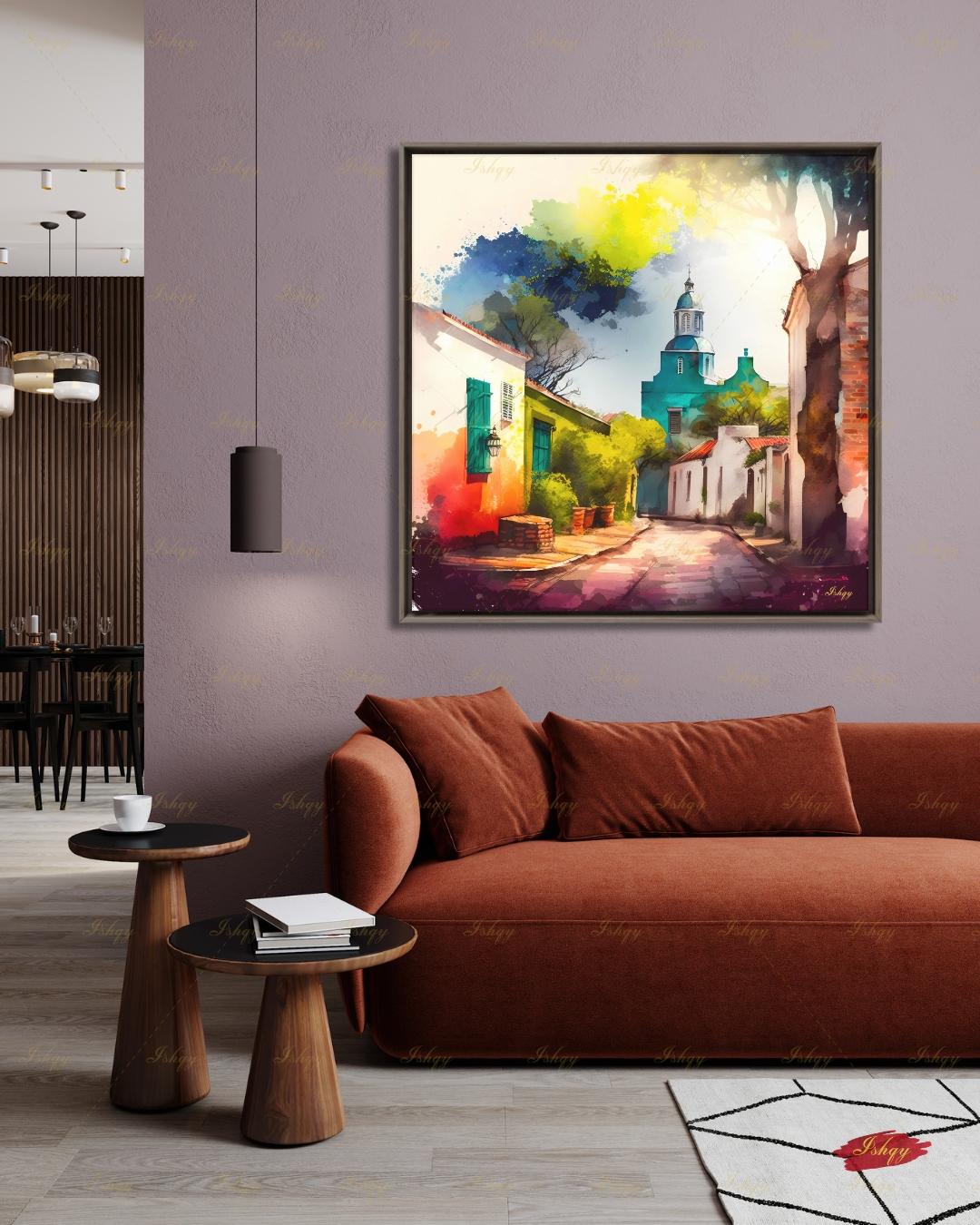 Colonia del Sacramento Wall Art, Uruguay Colorful Watercolor Canvas Print, Latin America Colonial Street Decor, Boho Framed Canvas Gift