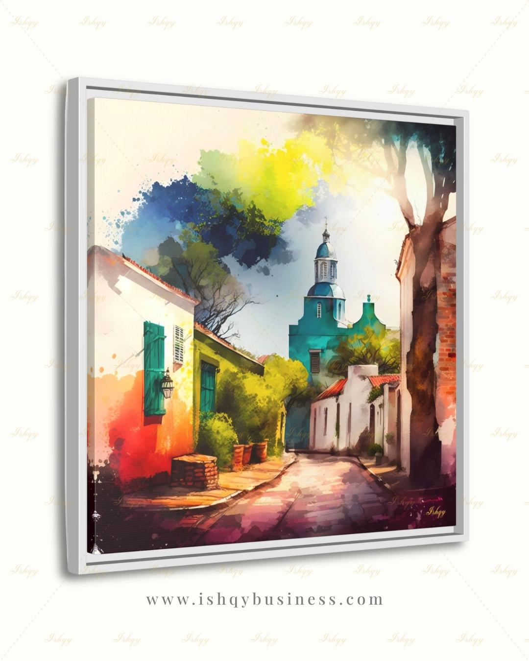 Colonia del Sacramento Wall Art, Uruguay Colorful Watercolor Canvas Print, Latin America Colonial Street Decor, Boho Framed Canvas Gift