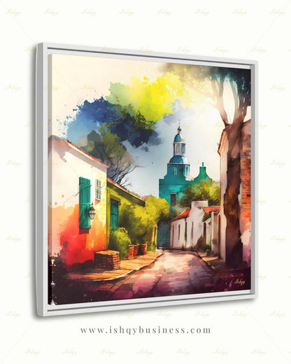 Colonia del Sacramento Wall Art, Uruguay Colorful Watercolor Canvas Print, Latin America Colonial Street Decor, Boho Framed Canvas Gift