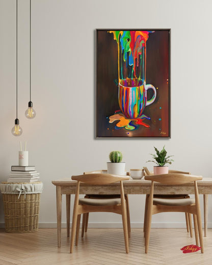 Colorful Coffee Cup Wall Art, Rainbow Paint Drip Canvas Print, Bold Pop Art Kitchen Decor, Coffee Lover Gift, Framed Canvas Print