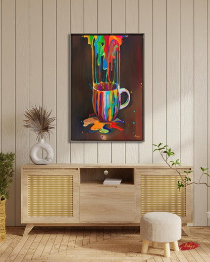 Colorful Coffee Cup Wall Art, Rainbow Paint Drip Canvas Print, Bold Pop Art Kitchen Decor, Coffee Lover Gift, Framed Canvas Print