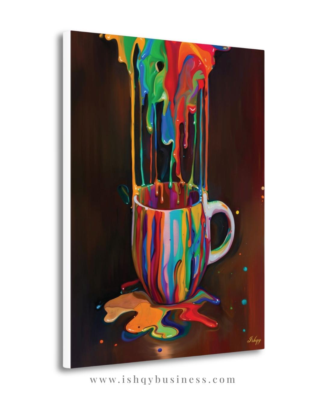 Colorful Coffee Cup Wall Art, Rainbow Paint Drip Canvas Print, Bold Pop Art Kitchen Decor, Coffee Lover Gift, Framed Canvas Print
