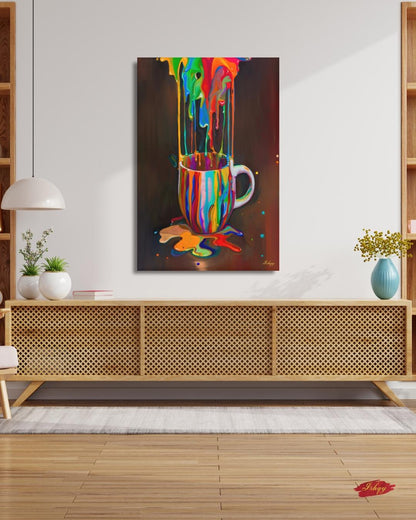 Colorful Coffee Cup Wall Art, Rainbow Paint Drip Canvas Print, Bold Pop Art Kitchen Decor, Coffee Lover Gift, Framed Canvas Print