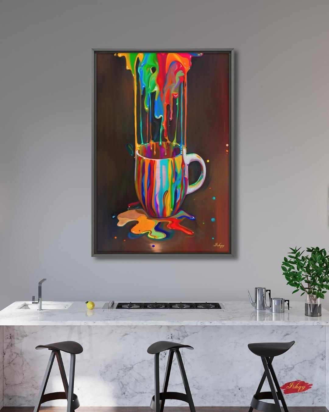 Colorful Coffee Cup Wall Art, Rainbow Paint Drip Canvas Print, Bold Pop Art Kitchen Decor, Coffee Lover Gift, Framed Canvas Print