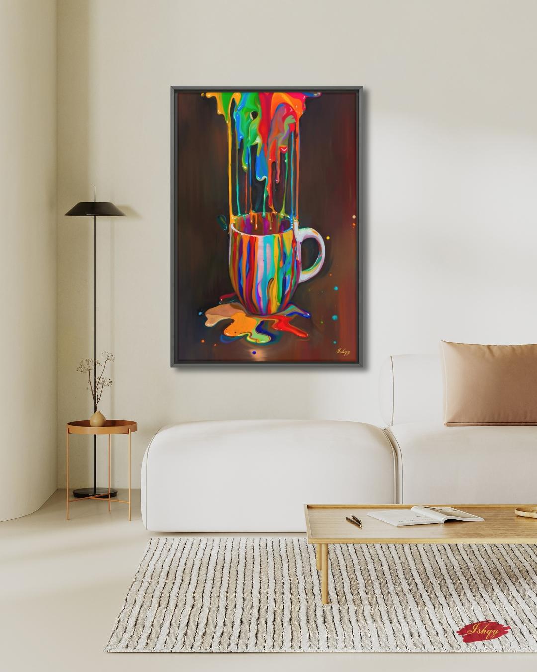 Colorful Coffee Cup Wall Art, Rainbow Paint Drip Canvas Print, Bold Pop Art Kitchen Decor, Coffee Lover Gift, Framed Canvas Print