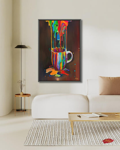 Colorful Coffee Cup Wall Art, Rainbow Paint Drip Canvas Print, Bold Pop Art Kitchen Decor, Coffee Lover Gift, Framed Canvas Print